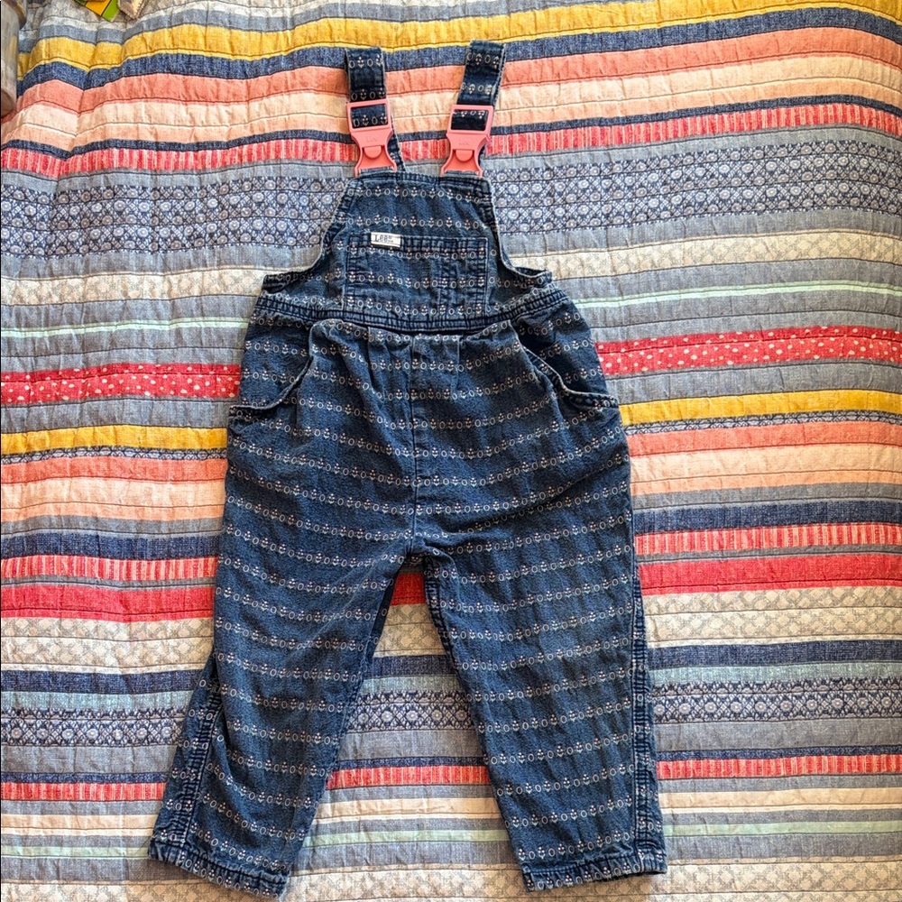 Vintage Lee Blue Patterned Kids Overalls with Pink Buckles